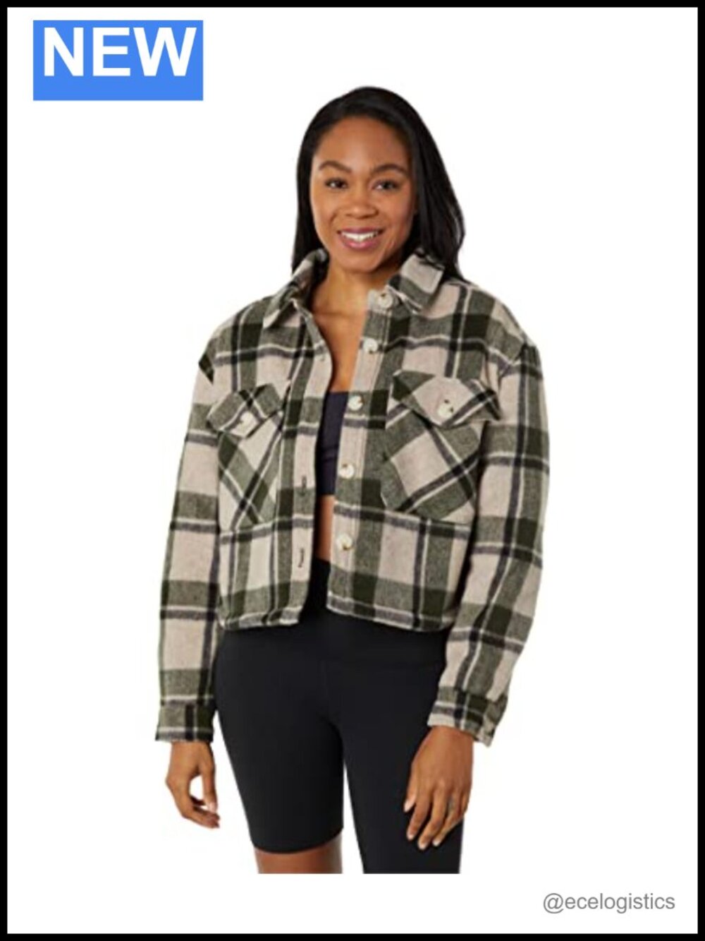 Cropped Plaid Shirt Jacket Long Sleeve 100% Polyester Fall